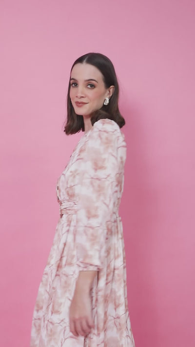 Peach Floral Print V-Neck A-Line Dress