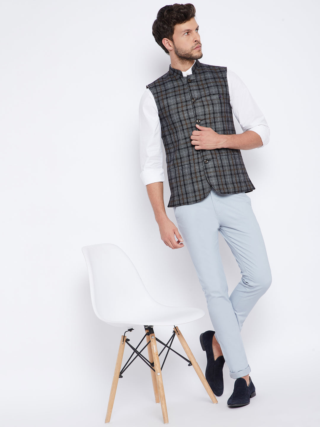 Grey Checked Reversible Waistcoat - Men Waist Coat