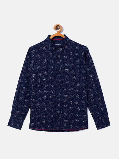 Navy Blue Printed Linen Casual Shirt - Boys Shirts