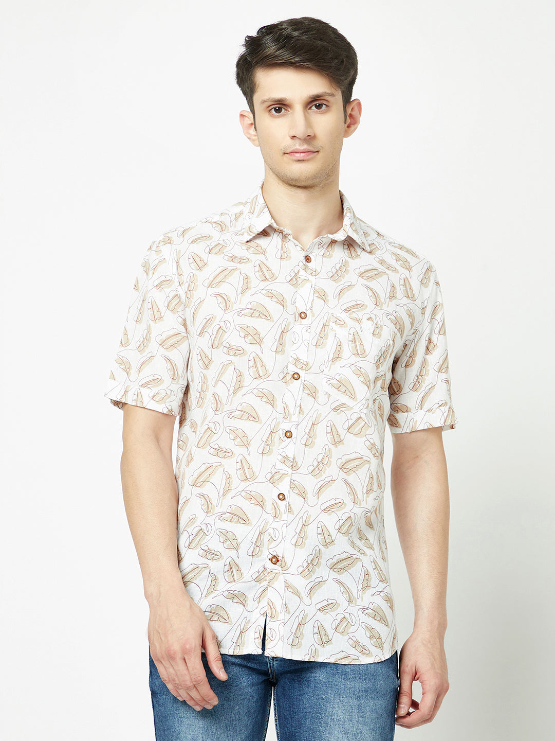  Beige One-Line Floral Print Shirt 