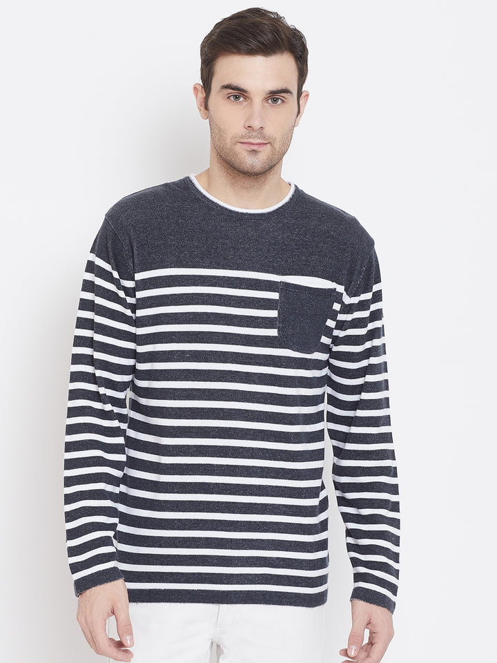 Grey Striped Round Neck Sweaters-Men Sweaters-Crimsoune Club