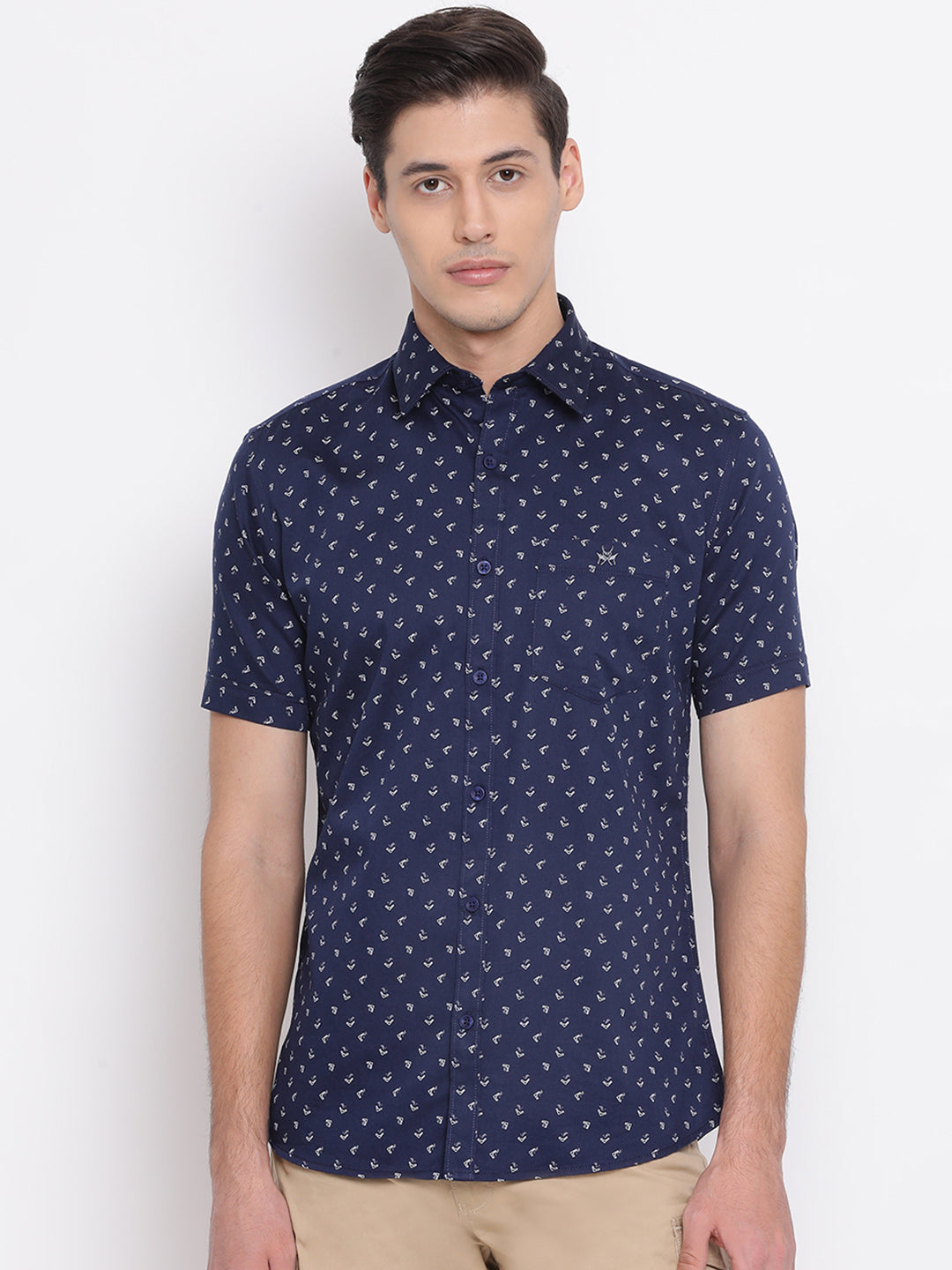 Navy Blue Printed Spread Collar Slim Fit Shirt - Men Shirts