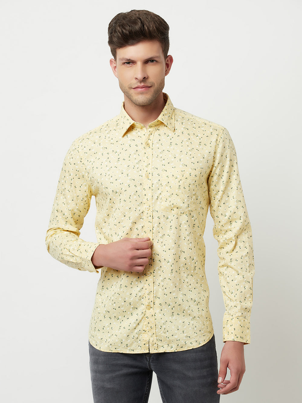 Yellow Floral Print Shirt-Men Shirts-Crimsoune Club