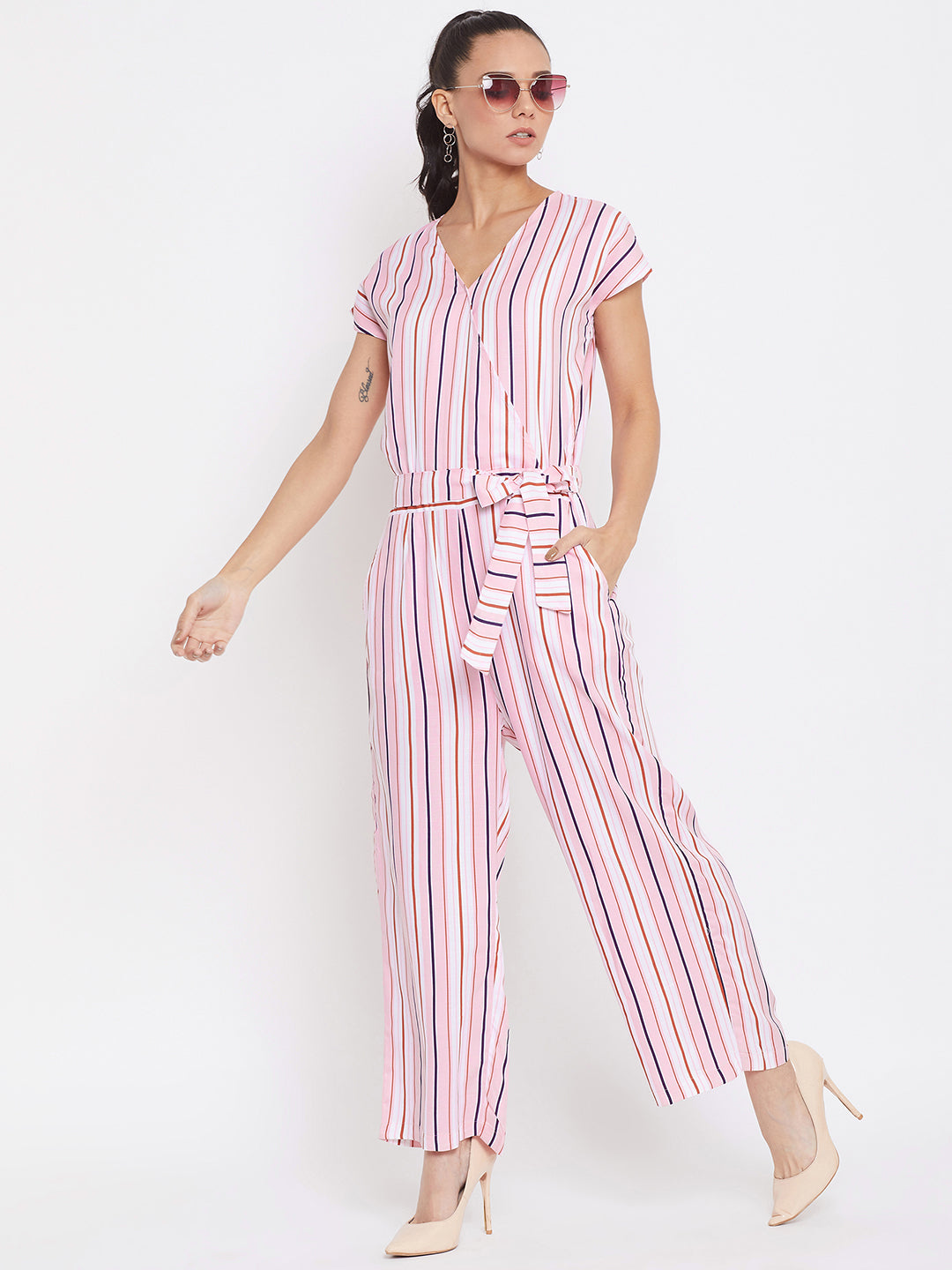 Multi Striped V-Neck Jumpsuits - Women Jumpsuits