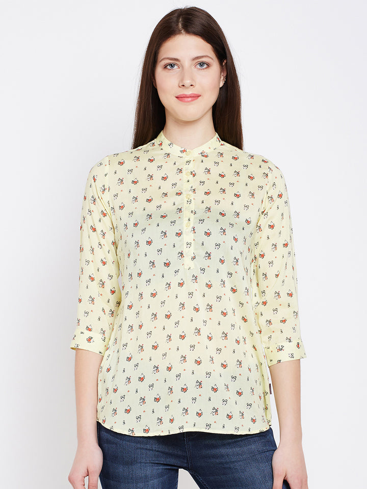 Yellow Printed Mandarin Shirt - Women Shirts