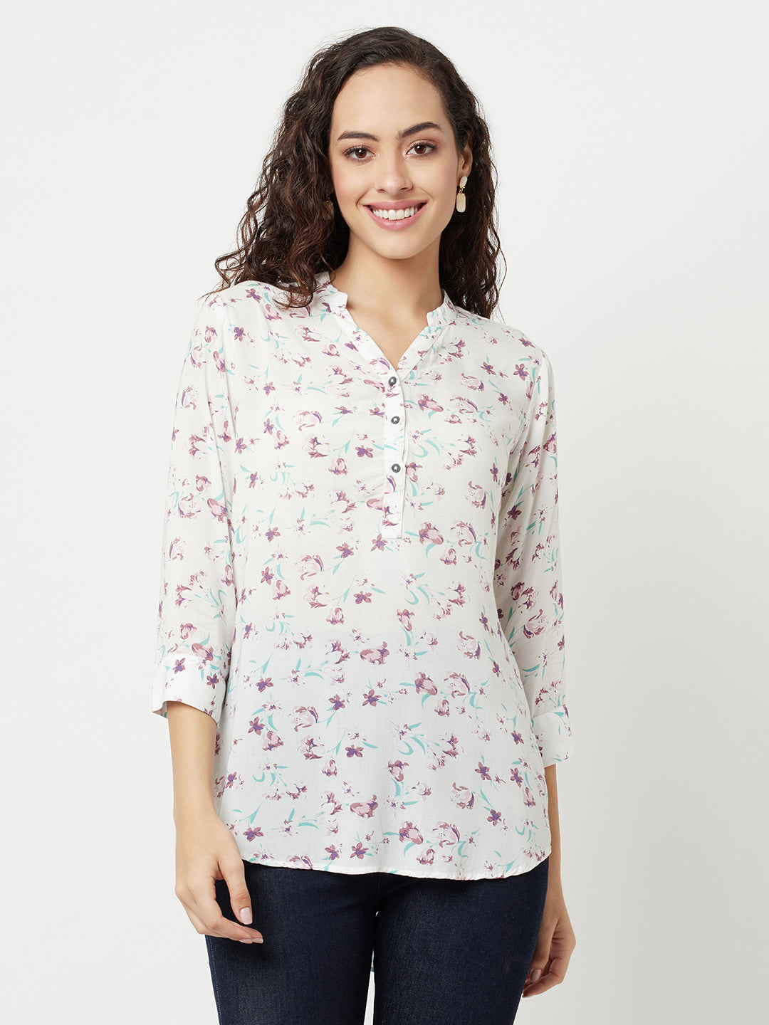 White Printed High-Low Top-Women Tops-Crimsoune Club