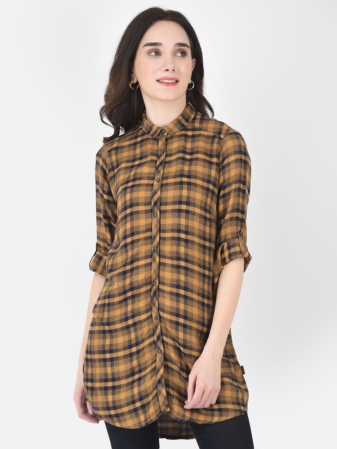 Mustard Yellow Longline Checked Shirt - Women Shirts