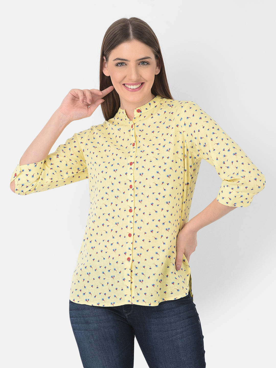 Yellow Floral Printed Linen Mandarin Collar Shirt - Women Shirts