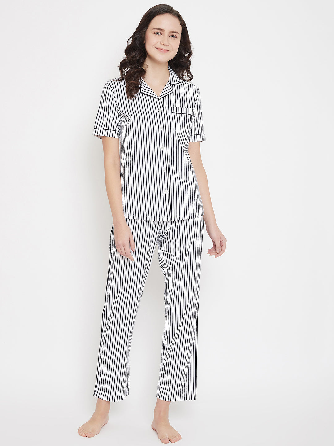 White Striped Slim Fit Night Suits - Women Night Suits