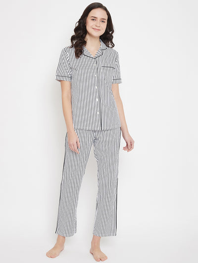 White Striped Slim Fit Night Suits - Women Night Suits