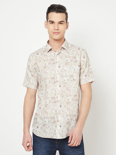 Beige Floral Printed Linen Shirt - Men Shirts