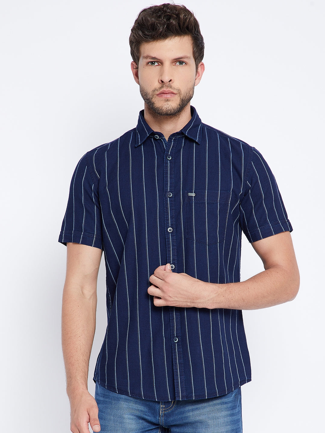 Navy Blue Striped Denim Shirt - Men Shirts