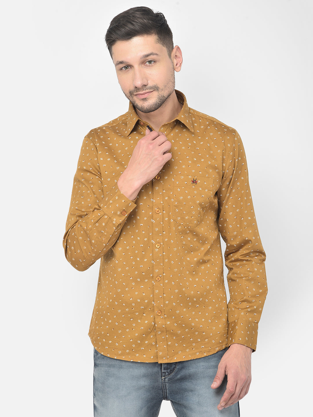 Mustard Printed Spread Collar Shirt - Men Shirts