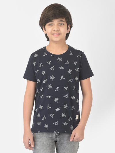 Navy Blue Printed Round Neck T-Shirt - Boys T-Shirts