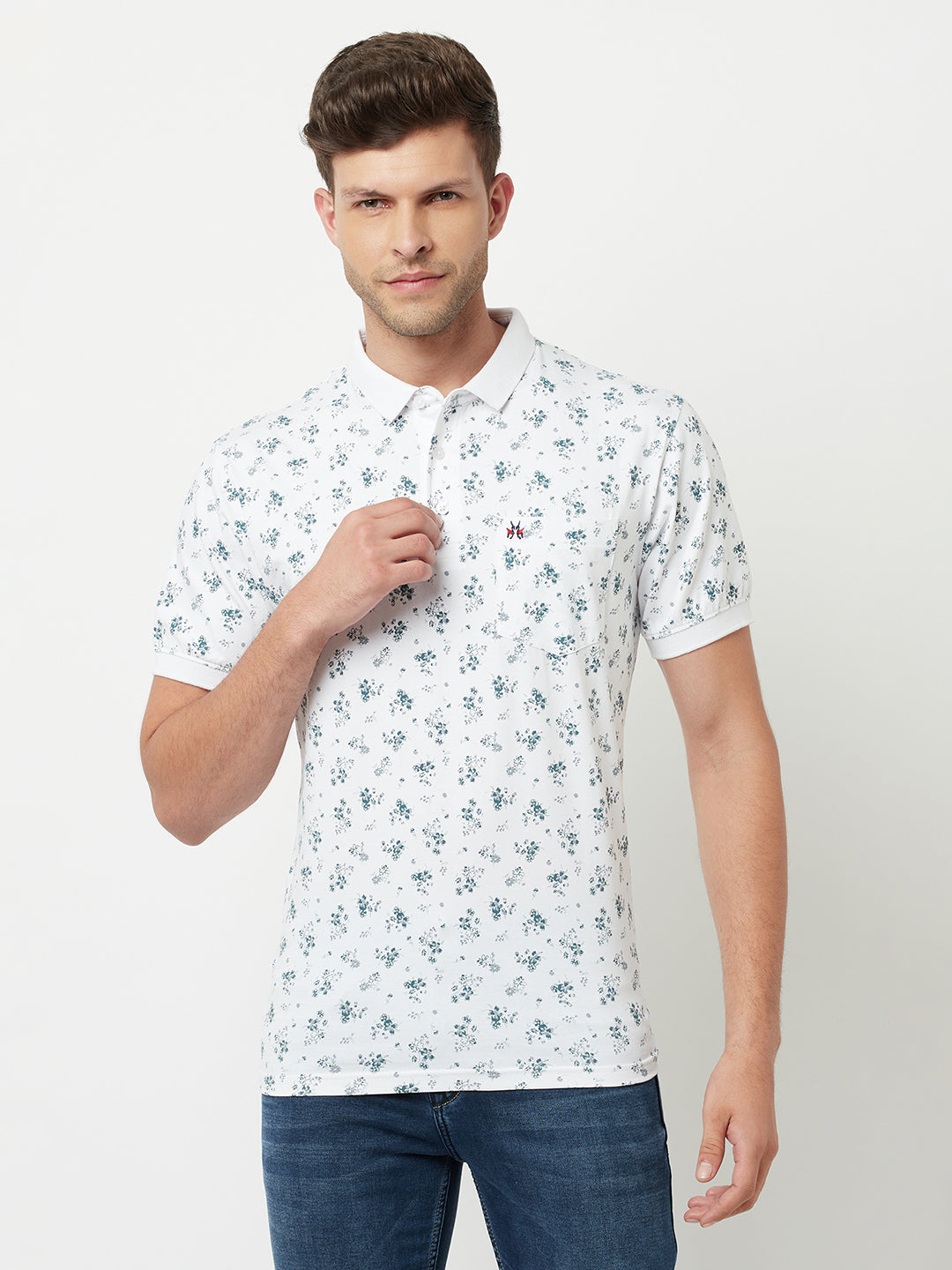 White Floral Printed Polo T-Shirt-Men T-Shirts-Crimsoune Club