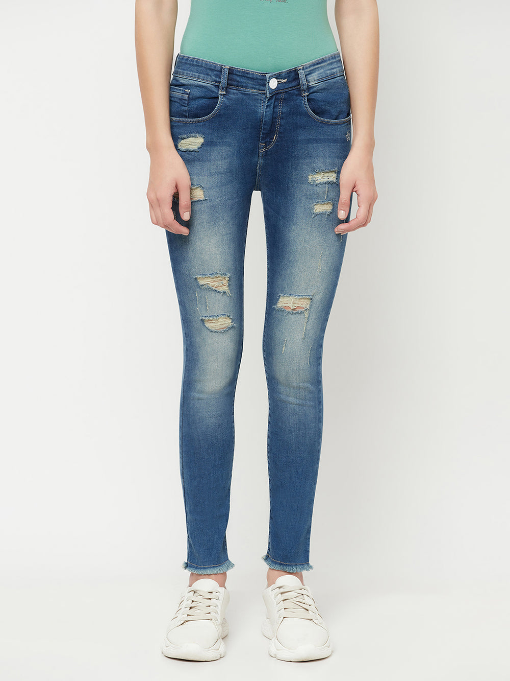 Blue Light Fade Distressed Jeans - Women Jeans