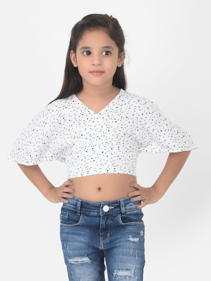 White Printed V-Neck Crop Top - Girls Tops
