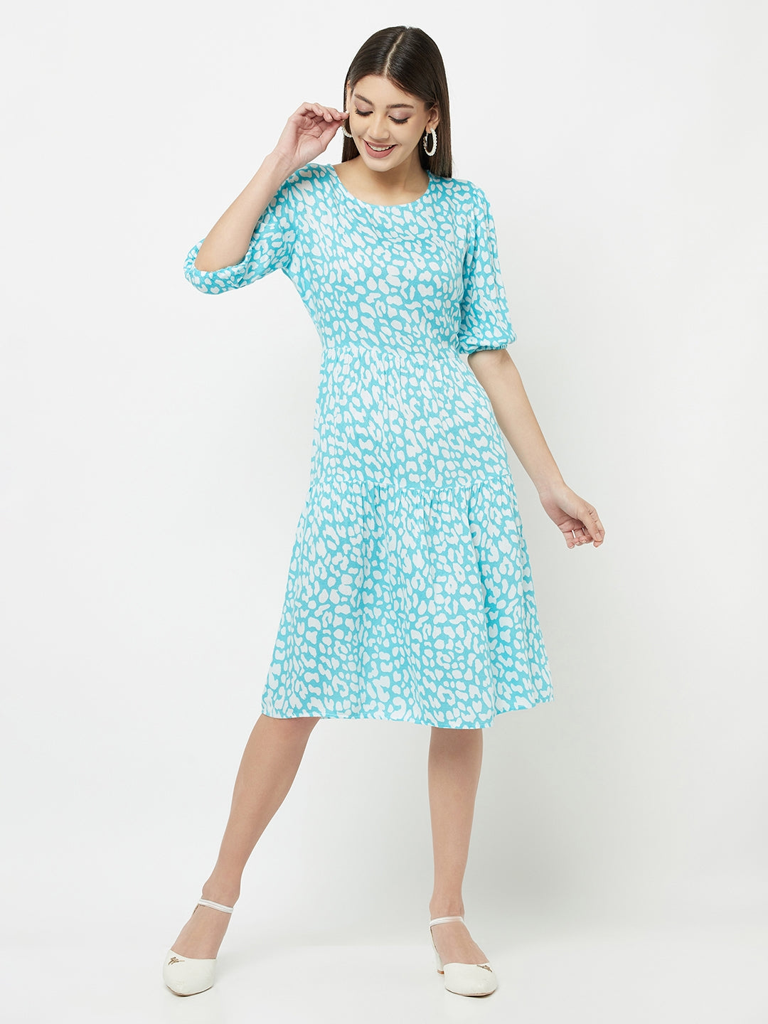 Blue Printed Round Neck Dress - Women Dresses