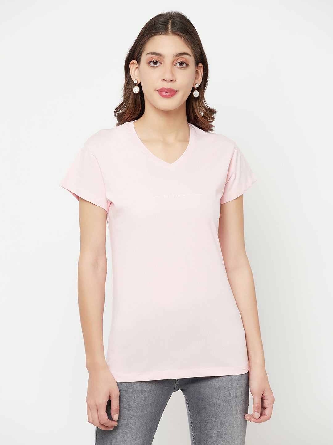 Light Pink Printed V-Neck T-Shirt - Women T-Shirts