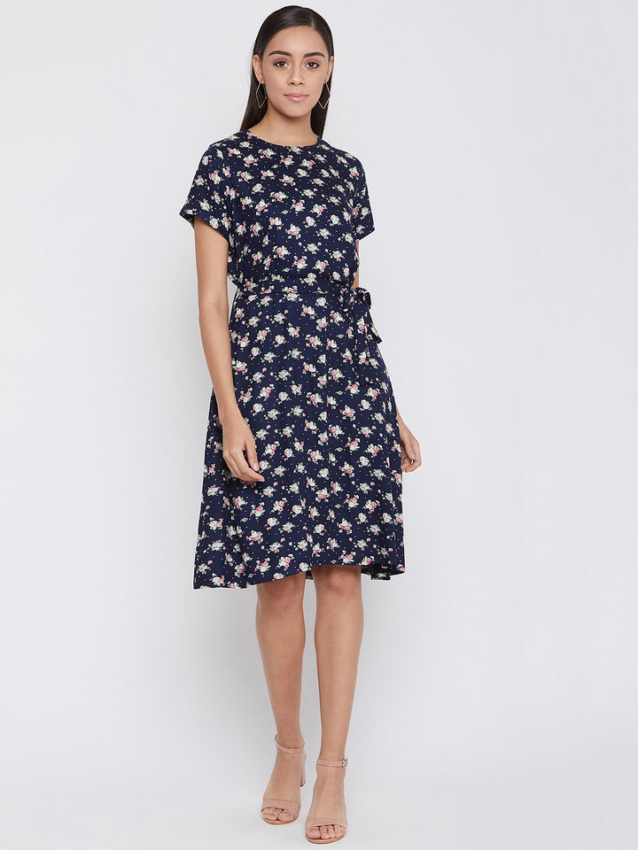 Navy Blue Floral Print Dress - Women Dresses
