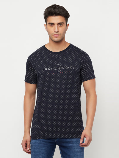 Navy Blue Printed Round Neck T-Shirt - Men T-Shirts