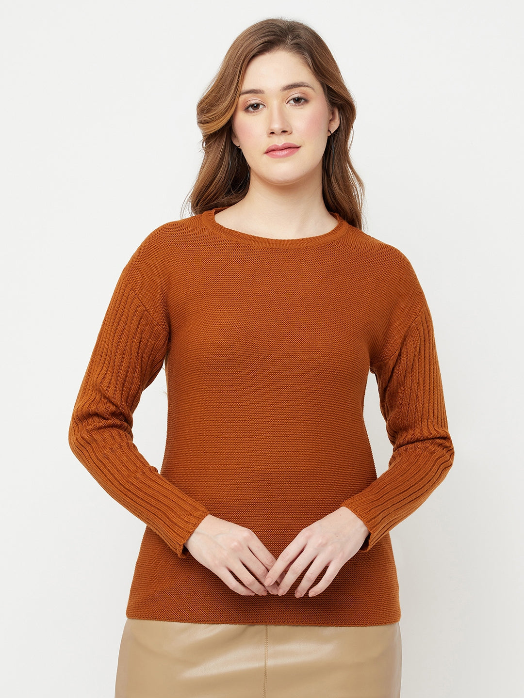 Brown Round Neck Sweater - Women Sweaters