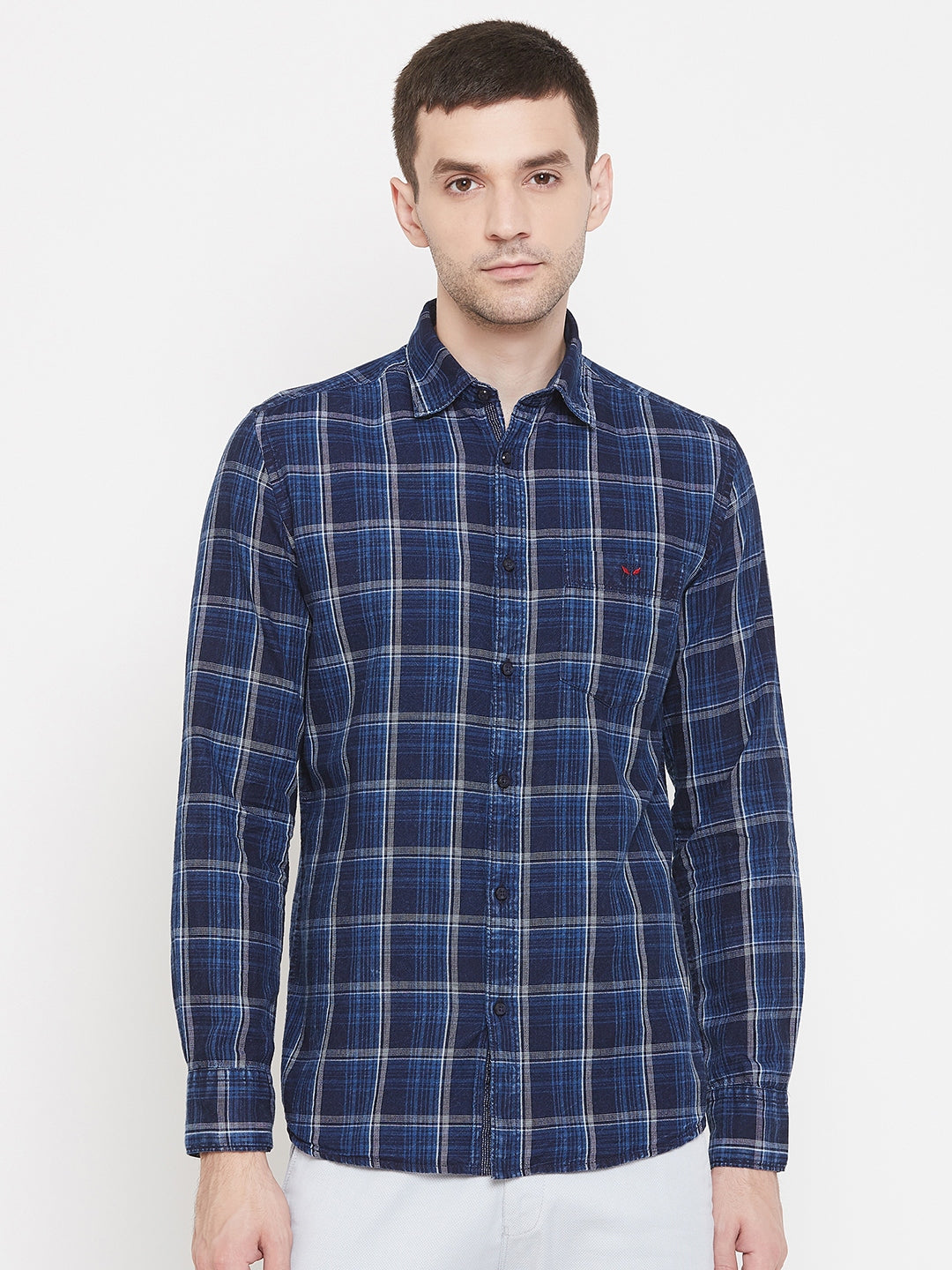 Navy Blue Checked Spread Collar Slim Fit Shirt - Men Shirts
