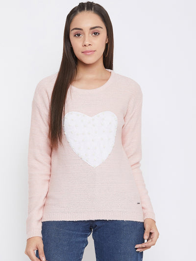 Pink Self Design Round Neck Sweater - Women Sweaters