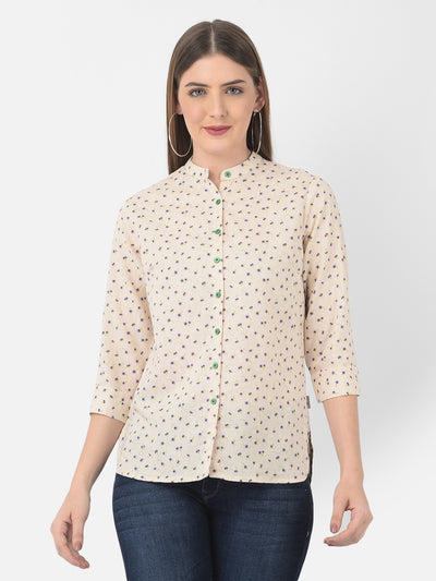 Beige Floral Printed Linen Mandarin Collar Shirt - Women Shirts