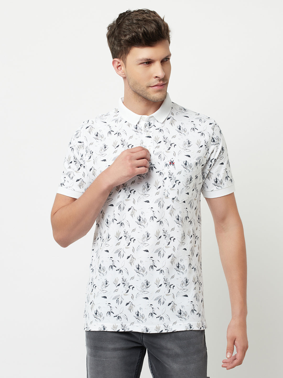 White Floral Printed Polo T-Shirt-Men T-Shirts-Crimsoune Club