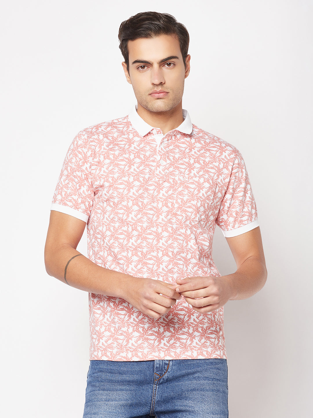  Coral Pink Floral Polo T-Shirt