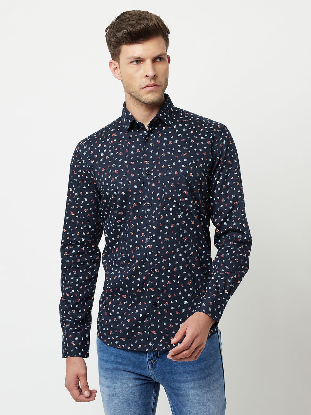 Navy Blue Floral Printed Shirt-Men Shirts-Crimsoune Club