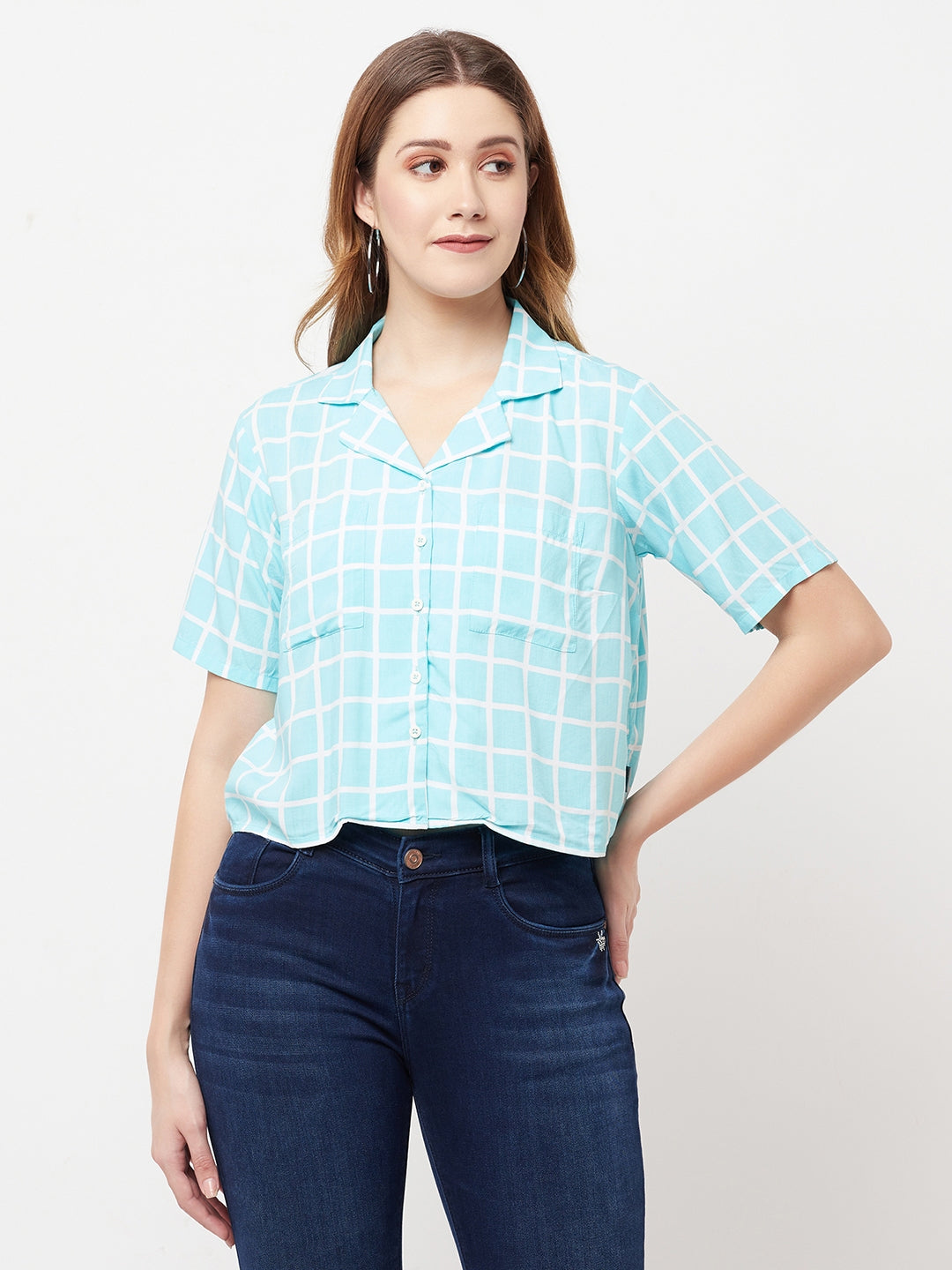 Mint-Green Graph Checked Cropped Top - Women Tops