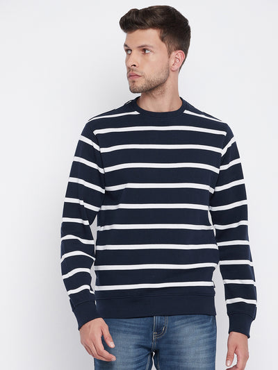 Navy Blue Striped Round Neck Sweatshirt - Men Sweatshirts