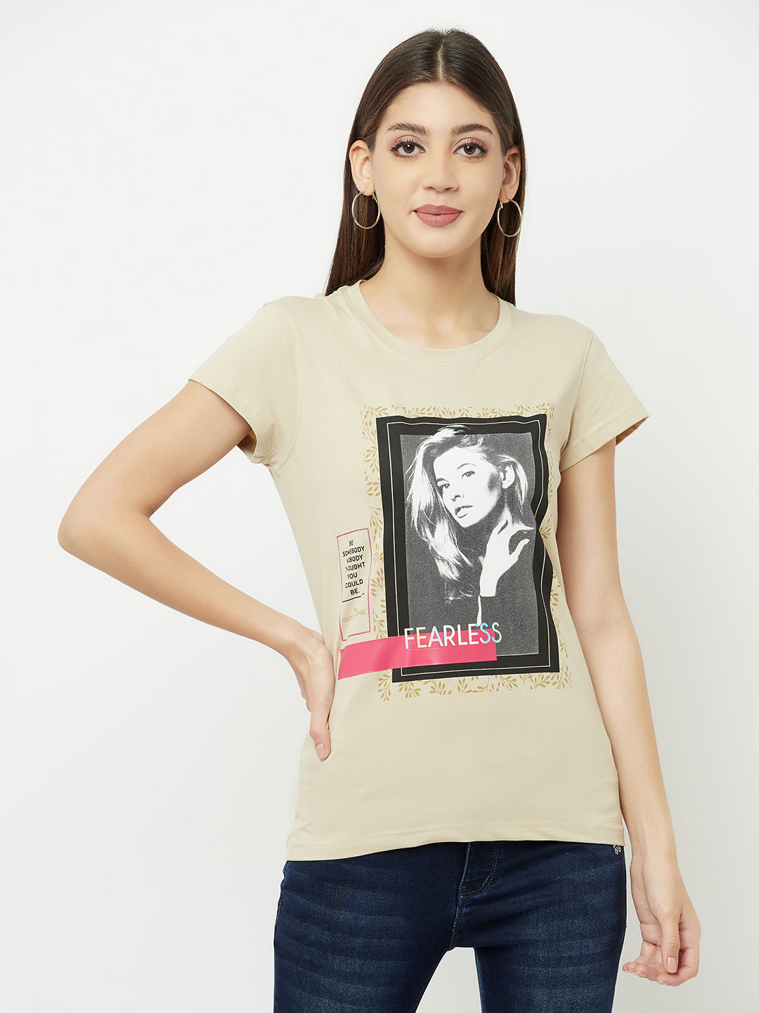 Beige Graphic Printed Round Neck T-Shirt - Women T-Shirts