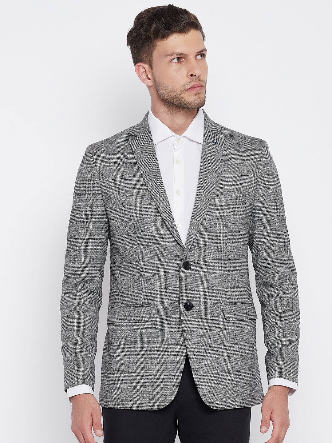 Grey Chekced Notched Lapel Blazer - Men Blazers