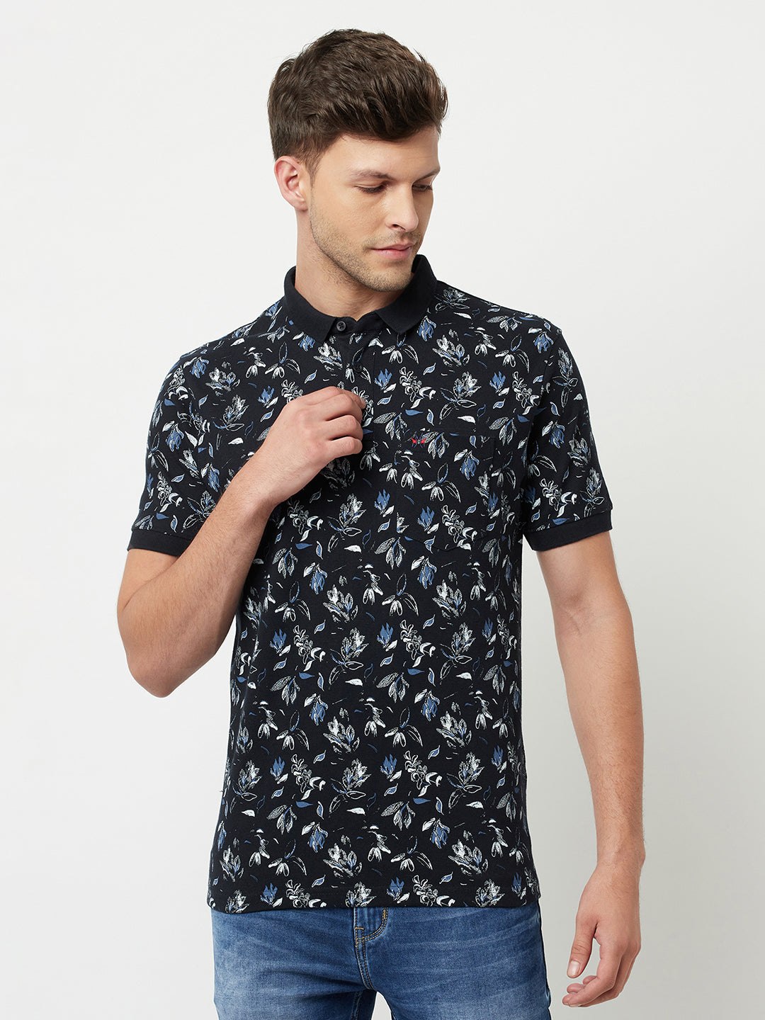 Navy Blue Floral Printed Polo T-Shirt-Men T-Shirts-Crimsoune Club