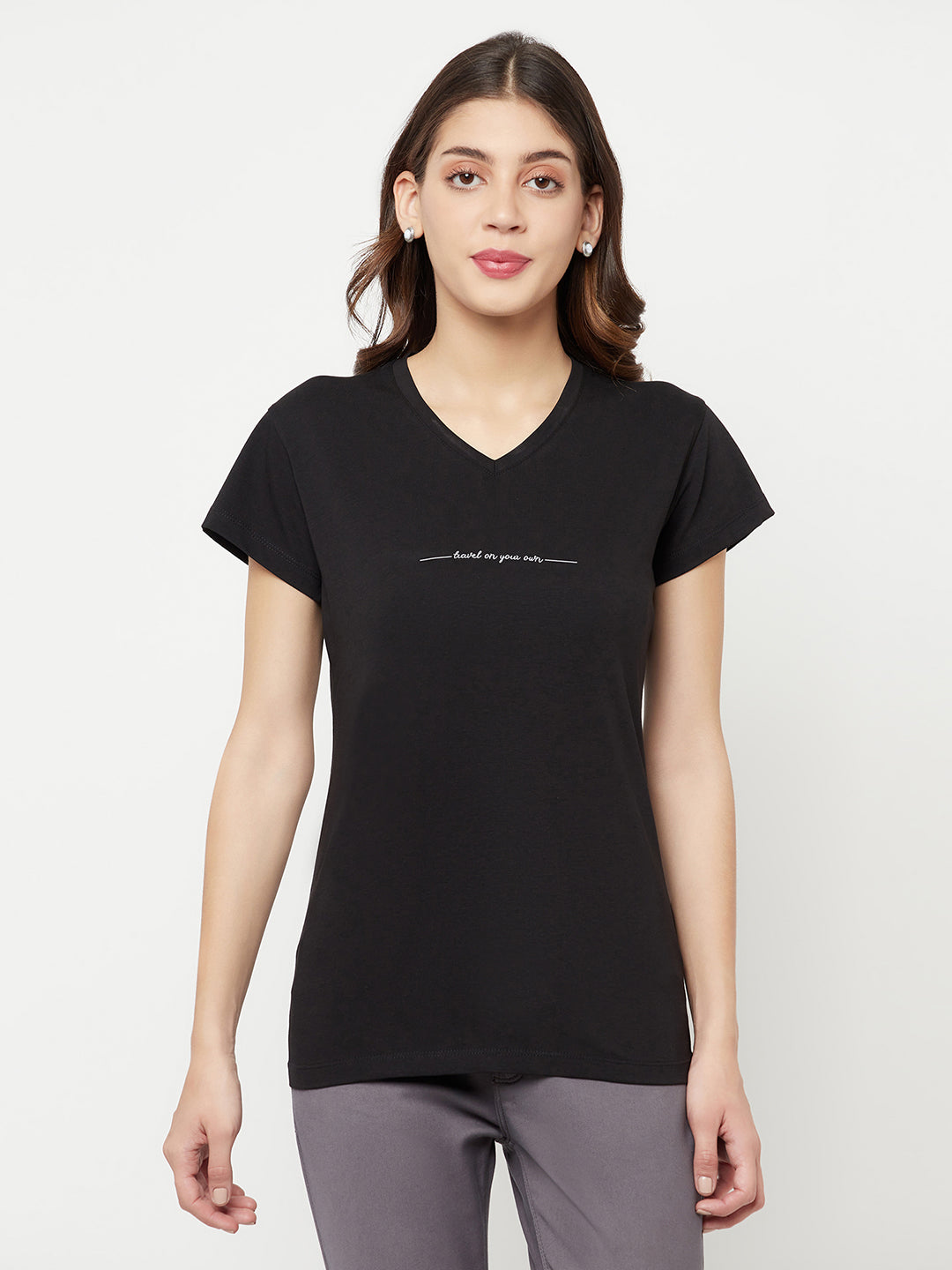 Black Printed V-Neck T-Shirt - Women T-Shirts