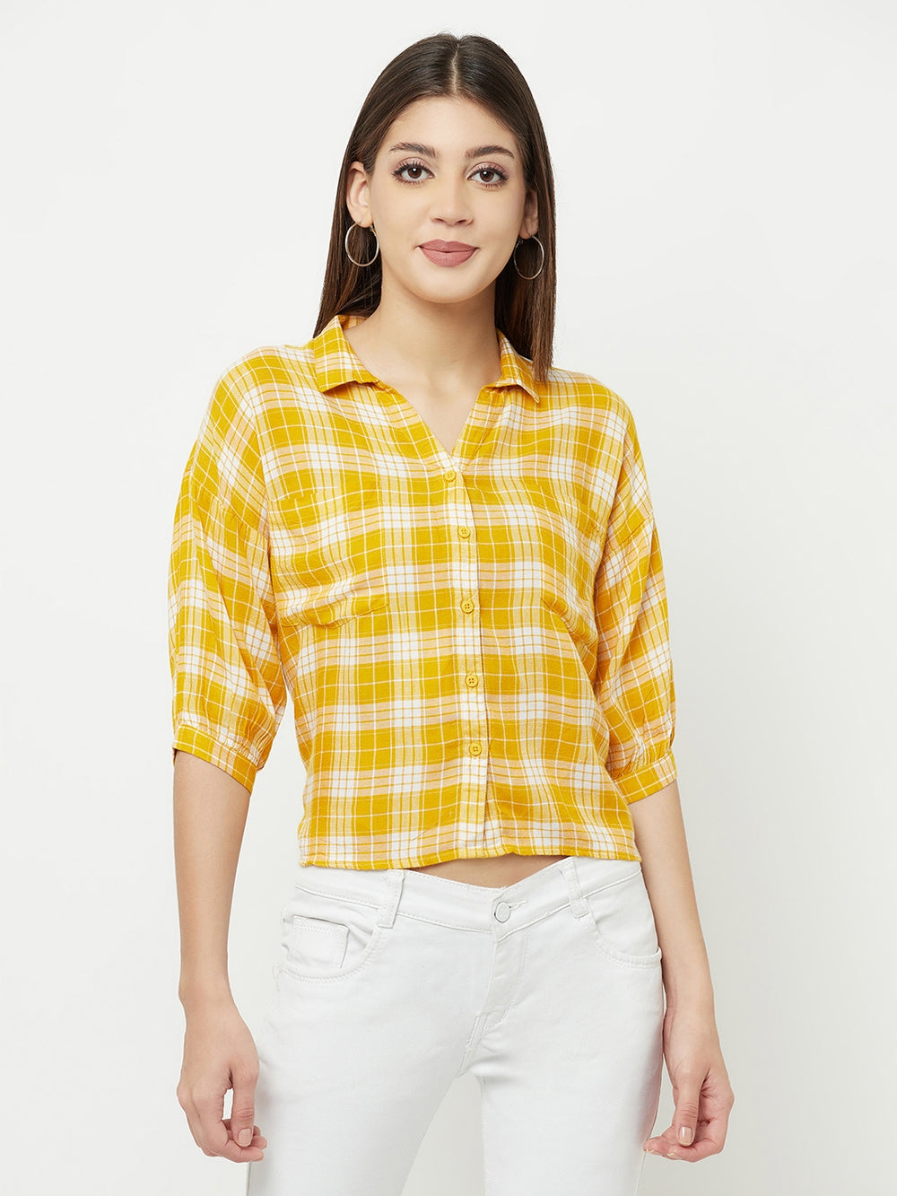 Mustard Checked Multi Pocket Cropped Shirt - Women Shirts