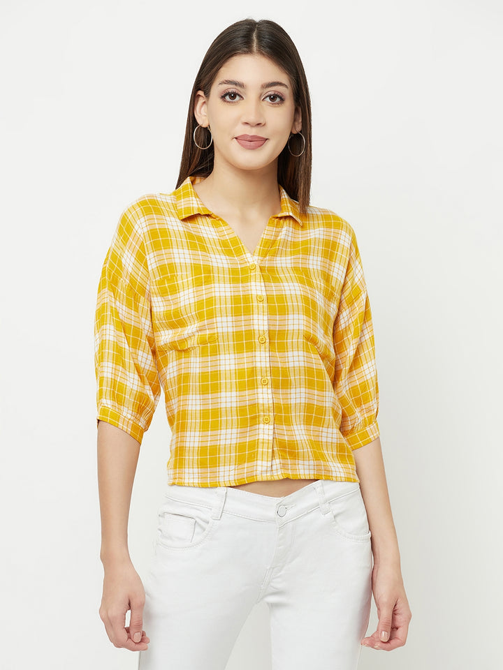 Mustard Checked Multi Pocket Cropped Shirt - Women Shirts