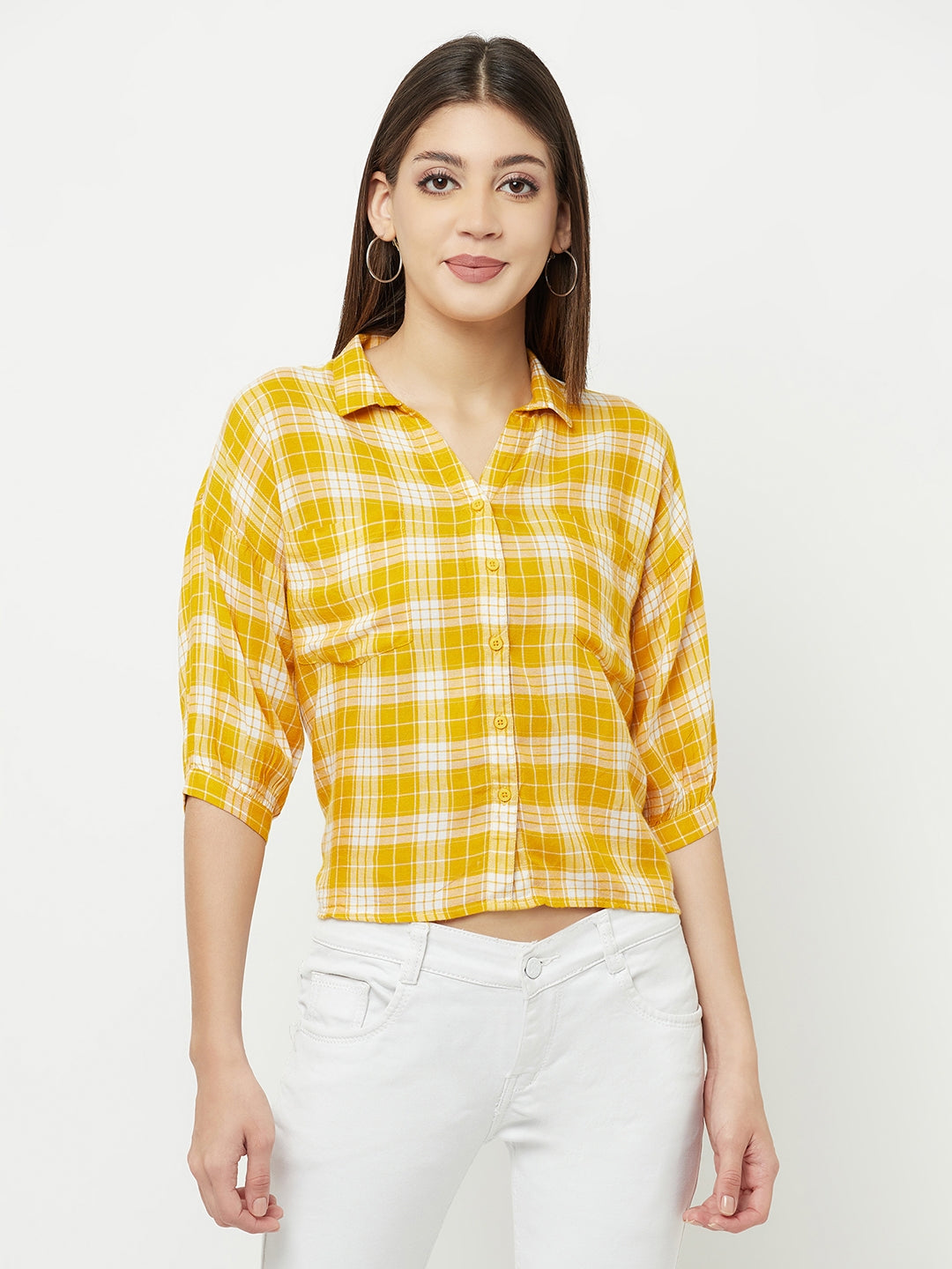 Mustard Checked Multi Pocket Cropped Shirt - Women Shirts