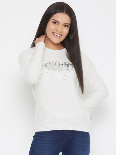 White Self Design Round Neck Sweater - Women Sweaters