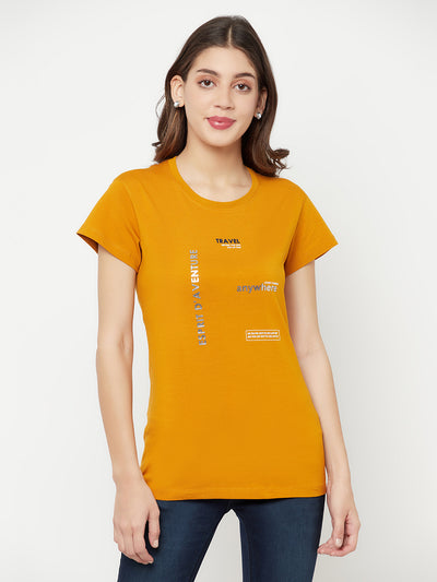 Mustard Printed Round Neck T-Shirt - Women T-Shirts