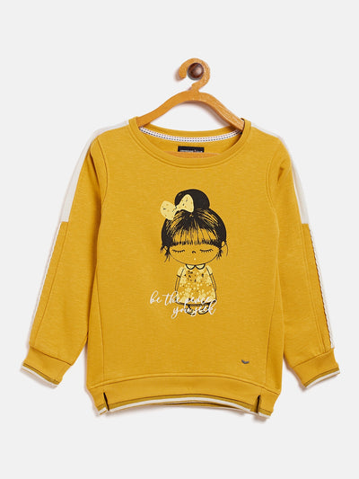 Mustard Printed Round Neck Sweatshirt - Girls Sweatshirts