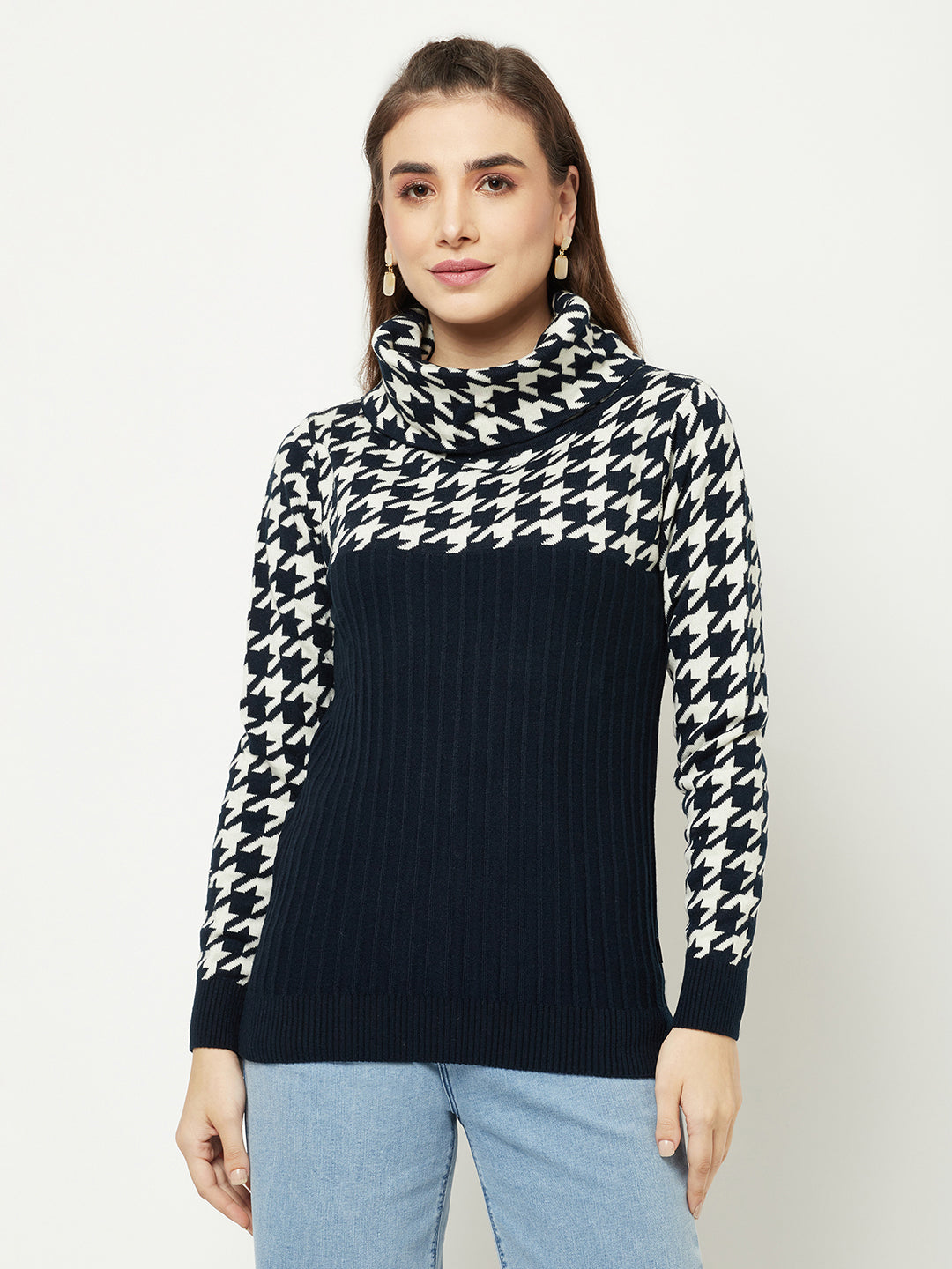  Navy Blue Abstract Turtleneck Sweater