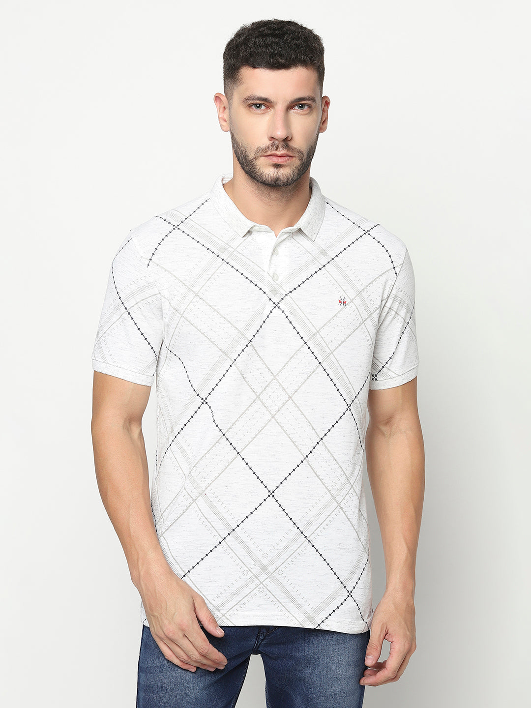 White Diagonal Checked Polo T-Shirt-Men T-Shirts-Crimsoune Club