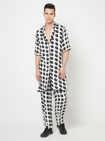 White Polka Dot Printed Short Sleeves Longline Blazer-Men Blazers-Crimsoune Club