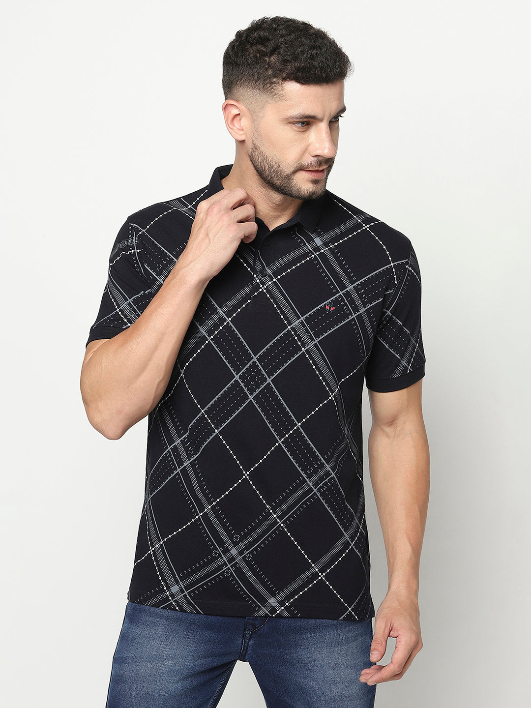 Navy Blue Diagonal Check Polo T-Shirt-Men T-Shirts-Crimsoune Club