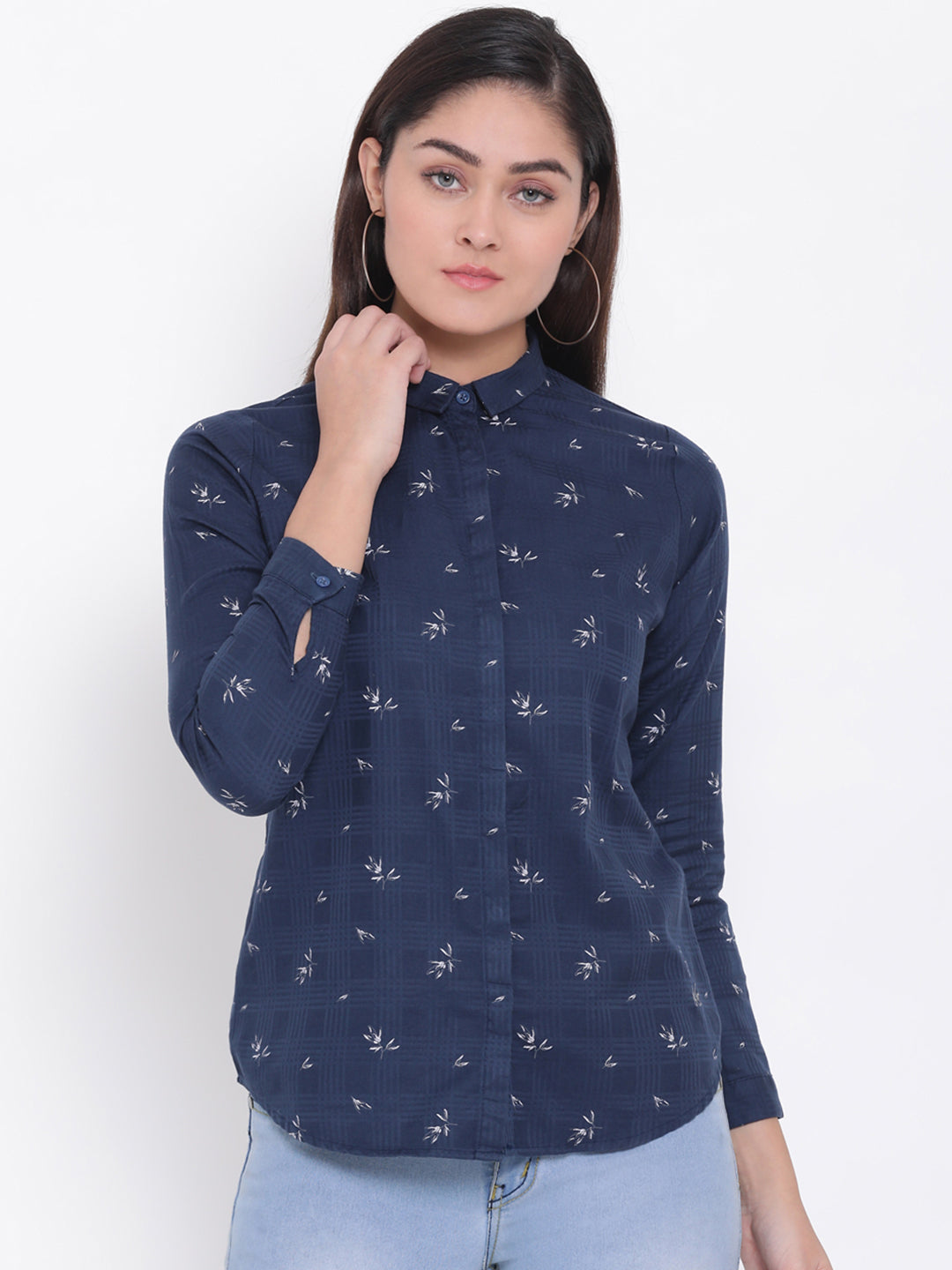 Navy Blue Printed Round Neck Slim Fit Shirt - Women Shirts