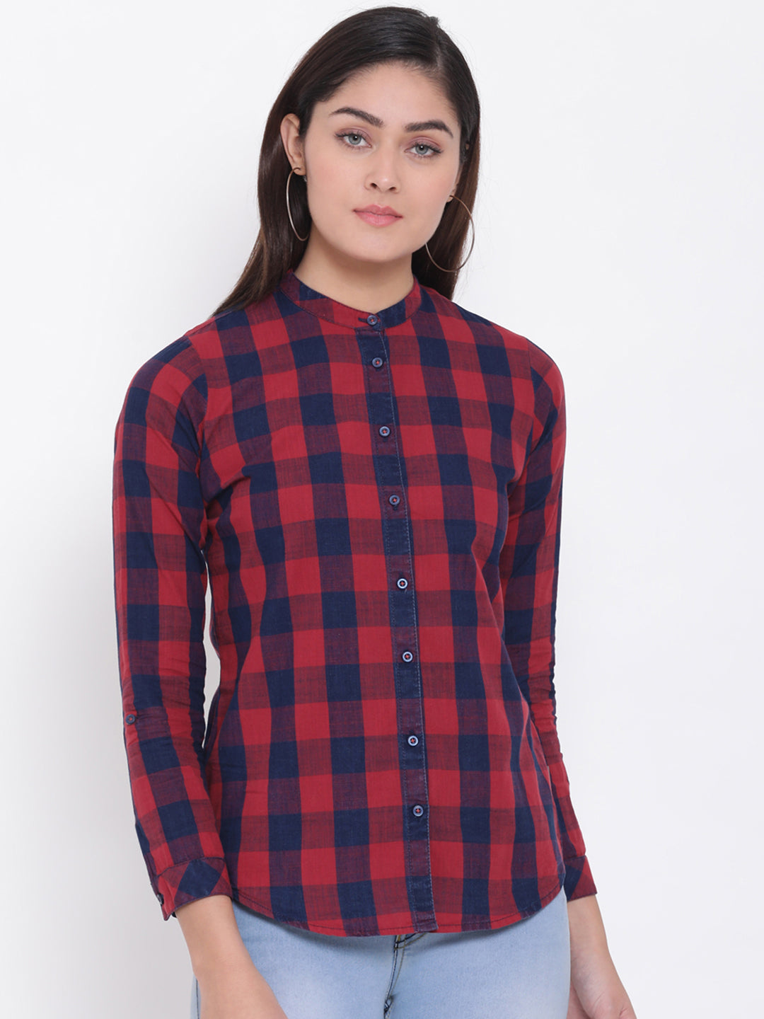 Red Checked Mandarin Collar Slim Fit Shirt - Women Shirts